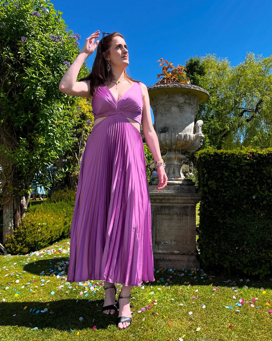 Elegant Midi Dress | Women's Summer Dress with Pleated Cutout Waist | Perfect Wedding Guest Outfit for Effortless Style