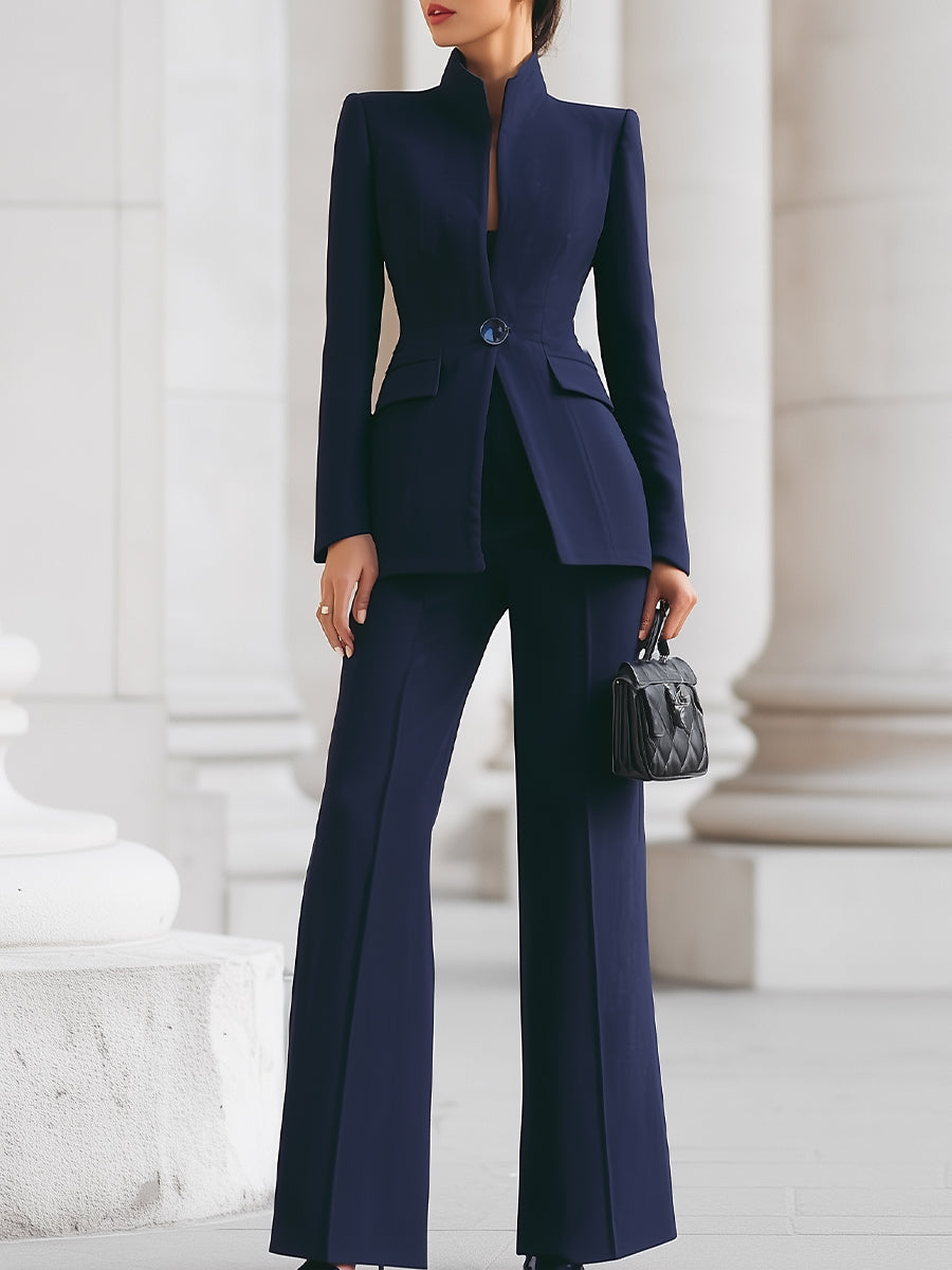 Elegant Navy Pantsuit | Dressy Pant Suits for Women with High-Collar Blazer & Wide-Leg Trousers for Empowering Style