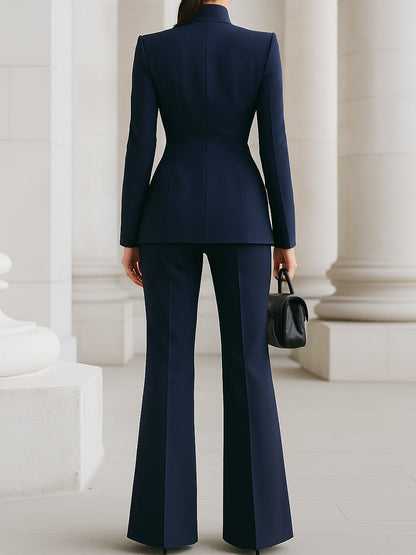 Elegant Navy Pantsuit | Dressy Pant Suits for Women with High-Collar Blazer & Wide-Leg Trousers for Empowering Style