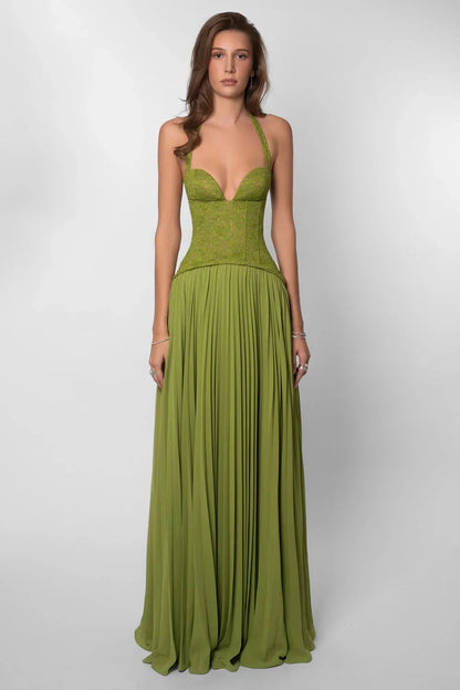 Elegant Pleated Maxi Dress with Structured Corset Design | White Long Dress for Sophisticated Summer Events