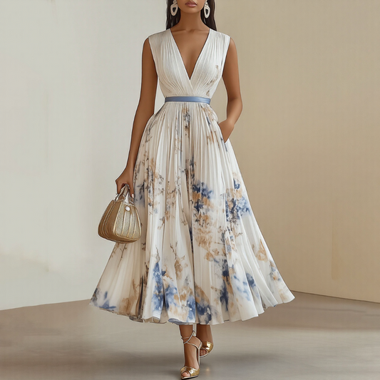 Elegant Pleated Maxi Summer Dress with V Neck & Adjustable Waist | Lightweight Fabric for Effortless Style
