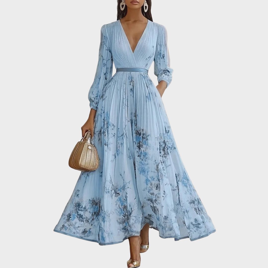 Elegant Pleated Maxi Summer Dress with V Neck & Adjustable Waist | Lightweight Fabric for Effortless Style