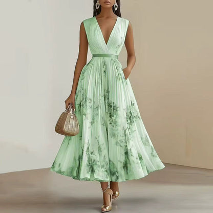 Elegant Pleated Maxi Summer Dress with V Neck & Adjustable Waist | Lightweight Fabric for Effortless Style