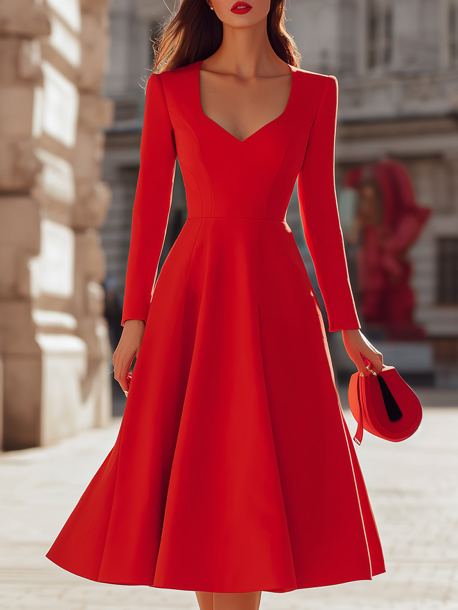Elegant Red Midi Dress | Women's Dress with Flattering Fit & Flare | Perfect Wedding Guest Outfit