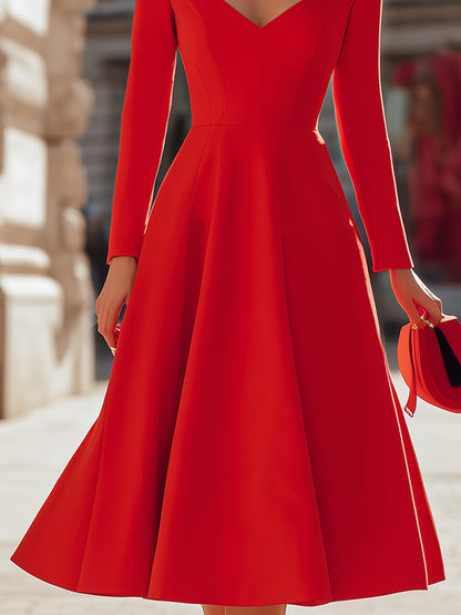 Elegant Red Midi Dress | Women's Dress with Flattering Fit & Flare | Perfect Wedding Guest Outfit