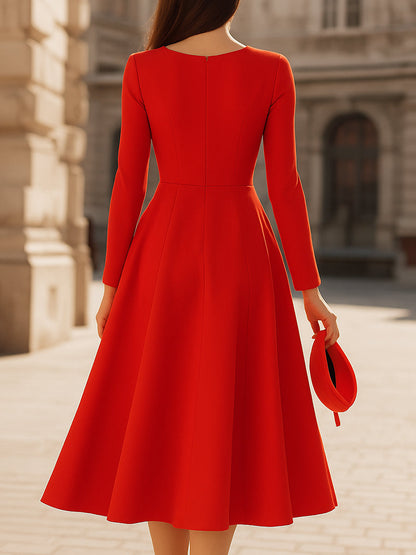 Elegant Red Midi Dress | Women's Dress with Flattering Fit & Flare | Perfect Wedding Guest Outfit
