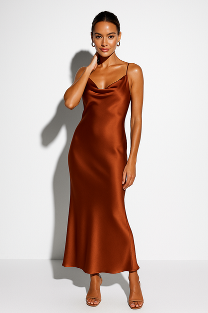 Elegant Satin Cowl Neck Maxi Dress with Adjustable Straps | Women's Dress for Timeless Style
