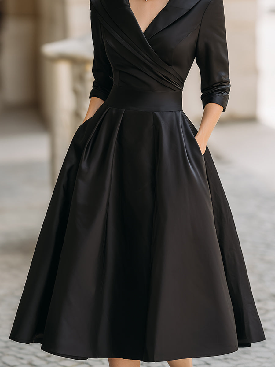 Elegant Satin Midi Dress | Women's Dress with Draped Collar & Side Pockets | Timeless Style for Wedding Guests and Cocktail Events