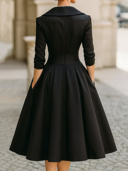 Elegant Satin Midi Dress | Women's Dress with Draped Collar & Side Pockets | Timeless Style for Wedding Guests and Cocktail Events