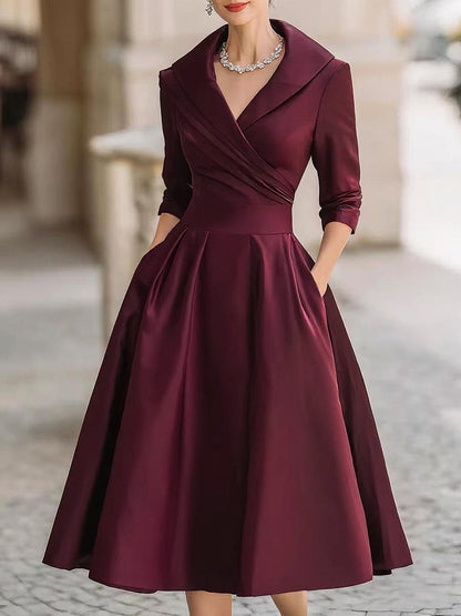 Elegant Satin Midi Dress | Women's Dress with Draped Collar & Side Pockets | Timeless Style for Wedding Guests and Cocktail Events