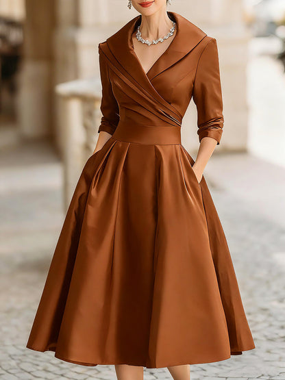 Elegant Satin Midi Dress | Women's Dress with Draped Collar & Side Pockets | Timeless Style for Wedding Guests and Cocktail Events