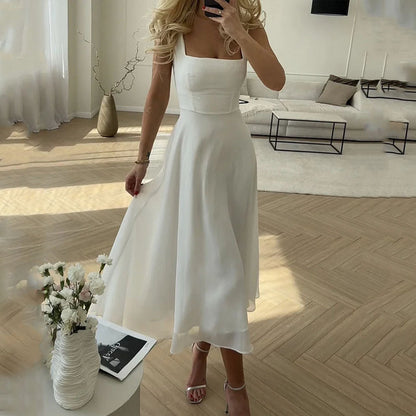 Elegant Square Midi Dress | Women's Wedding Guest Dress with Flattering Silhouette for Summer Celebrations