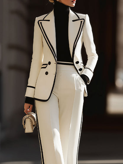 Elegant Suit Set | Double-Breasted Blazer with Contrast Trim | Chic Wide-Leg Trousers for Timeless Sophistication