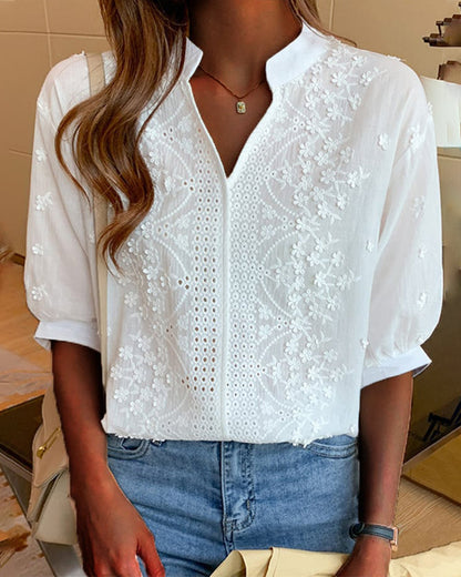 Elegant Summer Blouse | Women's Puff Sleeve Top with Embroidered Detailing | Versatile Style for Effortless Warm Weather Fashion