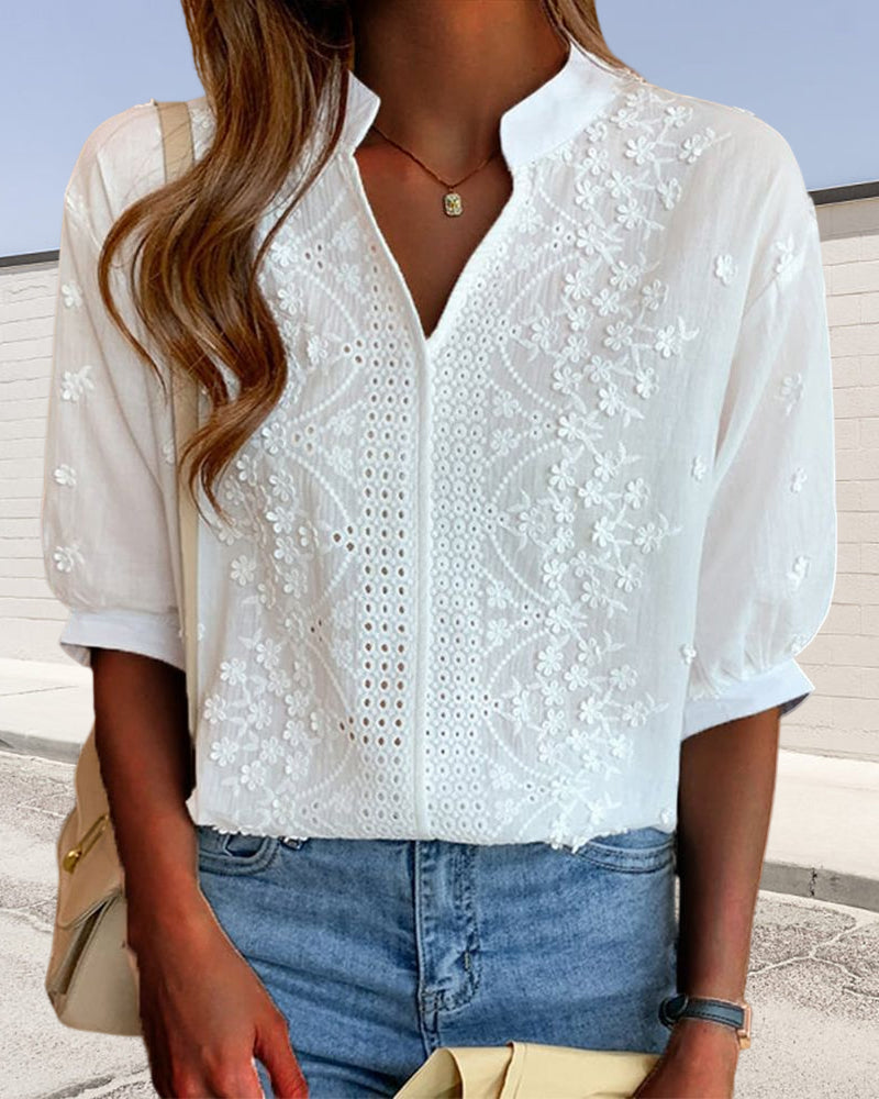 Elegant Summer Blouse | Women's Puff Sleeve Top with Embroidered Detailing | Versatile Style for Effortless Warm Weather Fashion