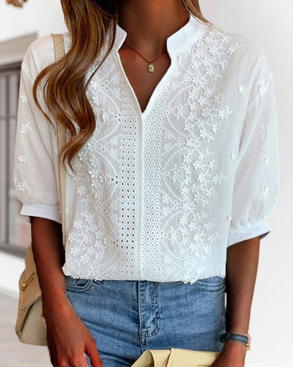 Elegant Summer Blouse | Women's Puff Sleeve Top with Embroidered Detailing | Versatile Style for Effortless Warm Weather Fashion