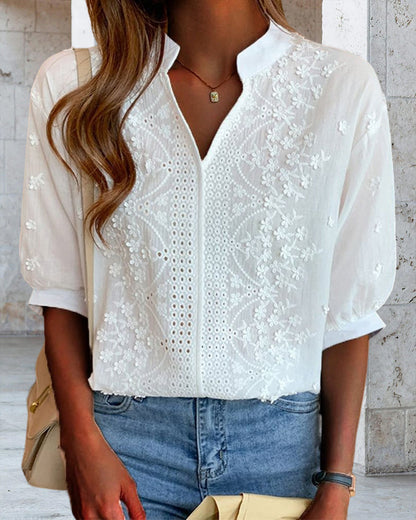 Elegant Summer Blouse | Women's Puff Sleeve Top with Embroidered Detailing | Versatile Style for Effortless Warm Weather Fashion