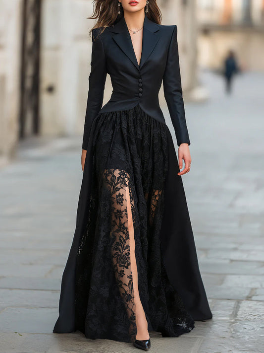 Elegant Tailored Blazer Gown Set with Lace Overlay & Thigh-High Slit for Sophisticated Style