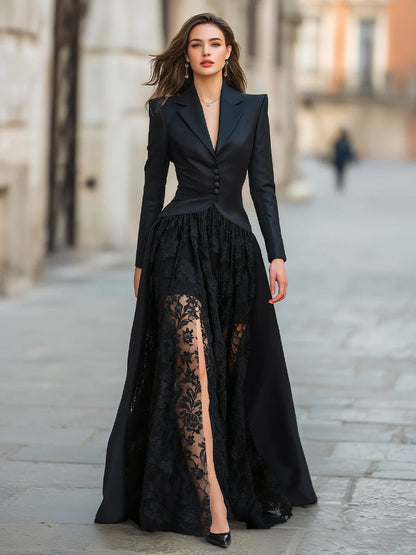 Elegant Tailored Blazer Gown Set with Lace Overlay & Thigh-High Slit for Sophisticated Style