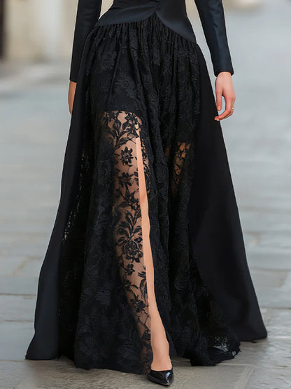 Elegant Tailored Blazer Gown Set with Lace Overlay & Thigh-High Slit for Sophisticated Style