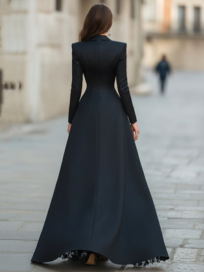 Elegant Tailored Blazer Gown Set with Lace Overlay & Thigh-High Slit for Sophisticated Style