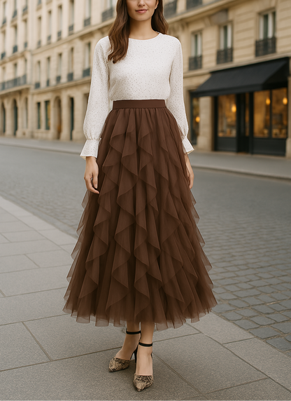 Elegant Tulle Midi Skirt for Women with Layered Design - Timeless Style for Any Occasion