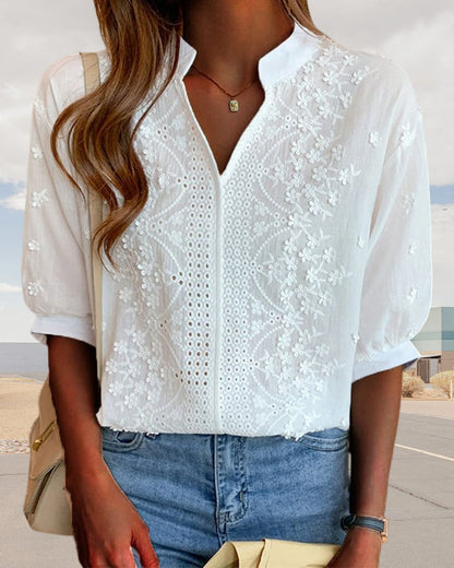 Elegant V-Neck Women's Blouse with Puff Sleeves | Versatile Summer Top for Effortless Style