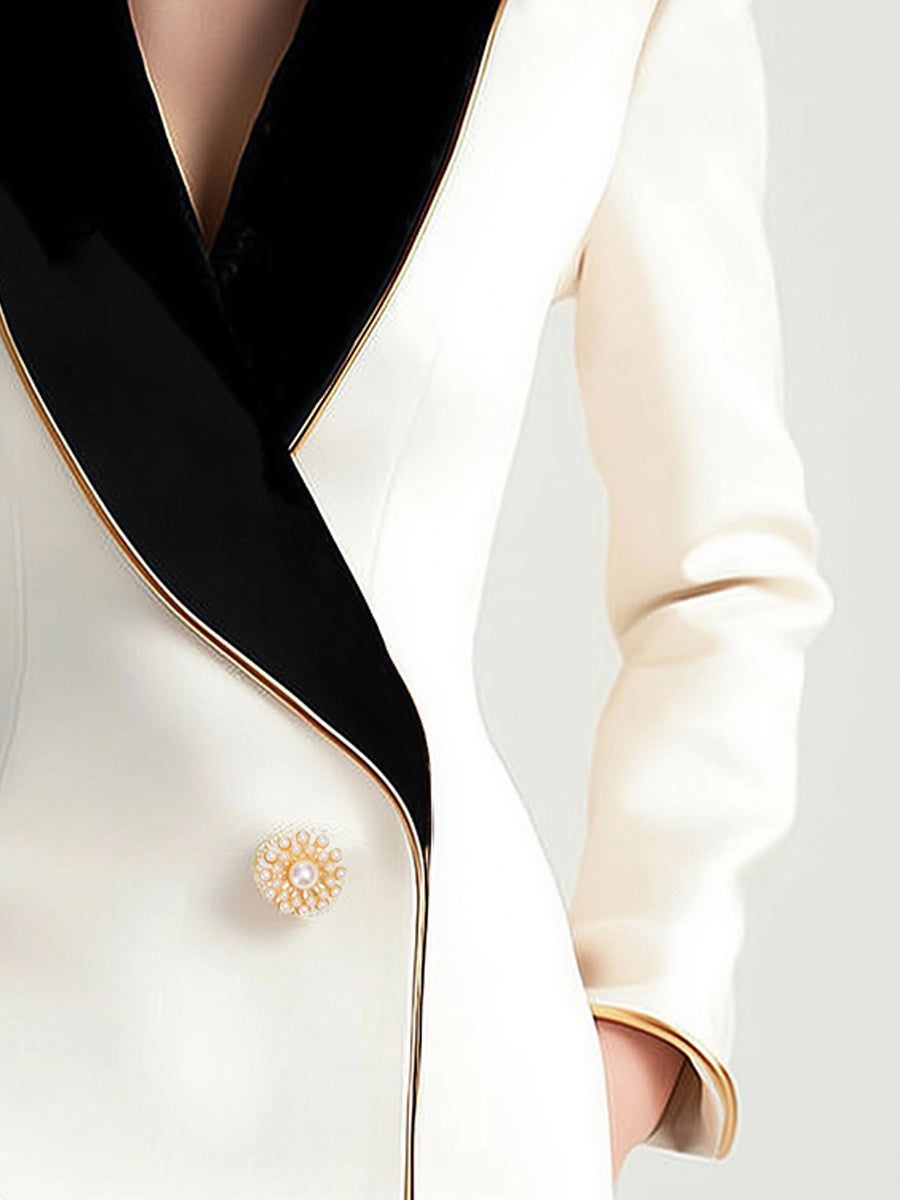 Elegant White Blazer with Asymmetrical Design & Black Lapels | Sophisticated Style for Formal Occasions