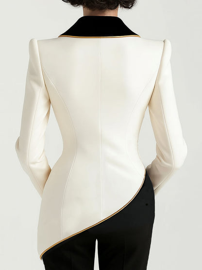 Elegant White Blazer with Asymmetrical Design & Black Lapels | Sophisticated Style for Formal Occasions