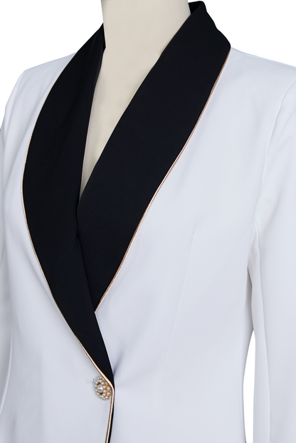 Elegant White Blazer with Asymmetrical Design & Black Lapels | Sophisticated Style for Formal Occasions