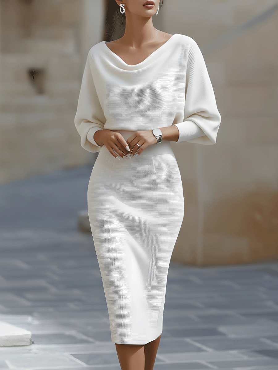 Elegant White Midi Dress | Draped Cowl Neckline & Batwing Sleeves | Sophisticated Formal Wear for Wedding Guests and Cocktail Events