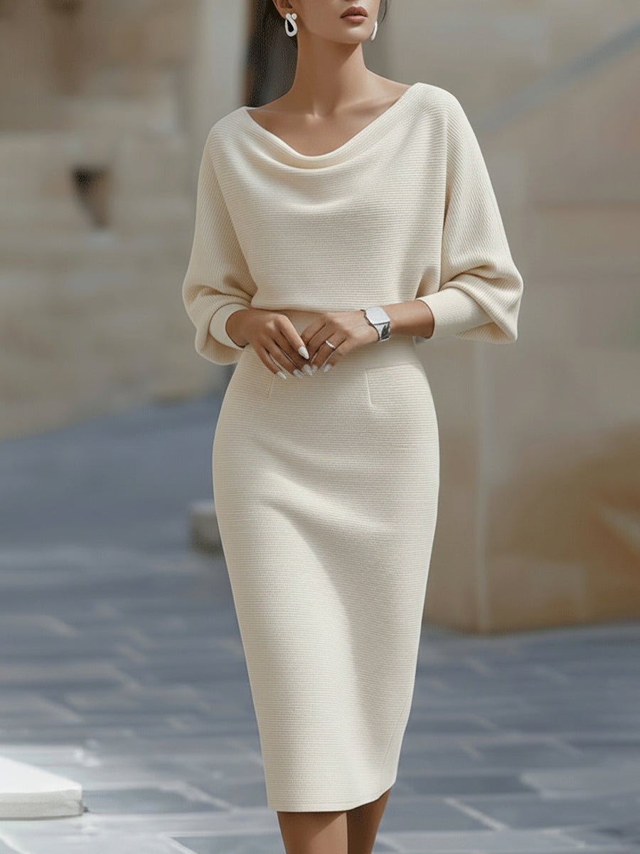 Elegant White Midi Dress | Draped Cowl Neckline & Batwing Sleeves | Sophisticated Formal Wear for Wedding Guests and Cocktail Events