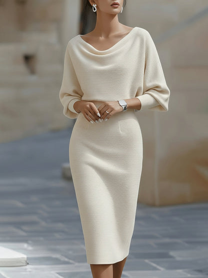 Elegant White Midi Dress | Draped Cowl Neckline & Batwing Sleeves | Sophisticated Formal Wear for Wedding Guests and Cocktail Events