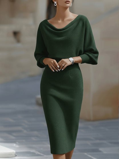 Elegant White Midi Dress | Draped Cowl Neckline & Batwing Sleeves | Sophisticated Formal Wear for Wedding Guests and Cocktail Events