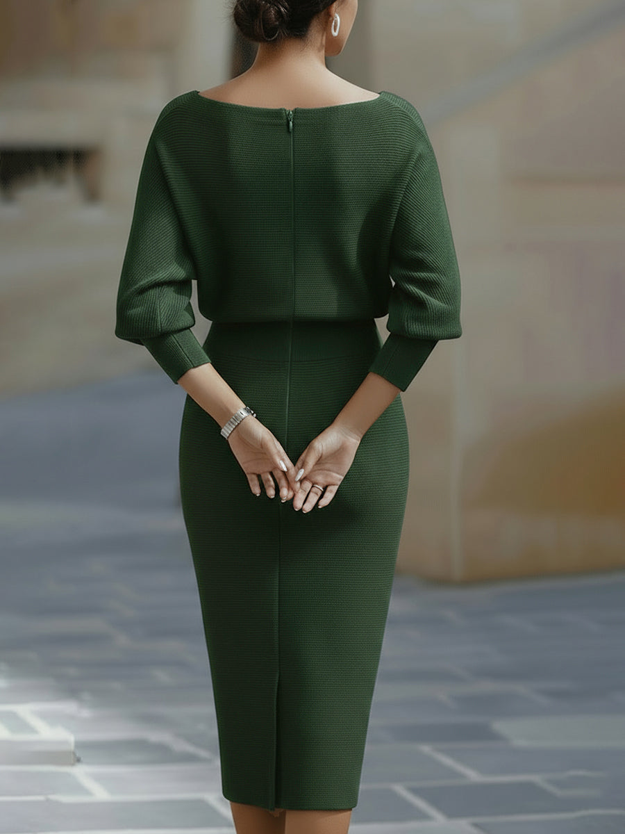 Elegant White Midi Dress | Draped Cowl Neckline & Batwing Sleeves | Sophisticated Formal Wear for Wedding Guests and Cocktail Events