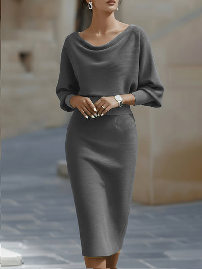 Elegant White Midi Dress | Draped Cowl Neckline & Batwing Sleeves | Sophisticated Formal Wear for Wedding Guests and Cocktail Events