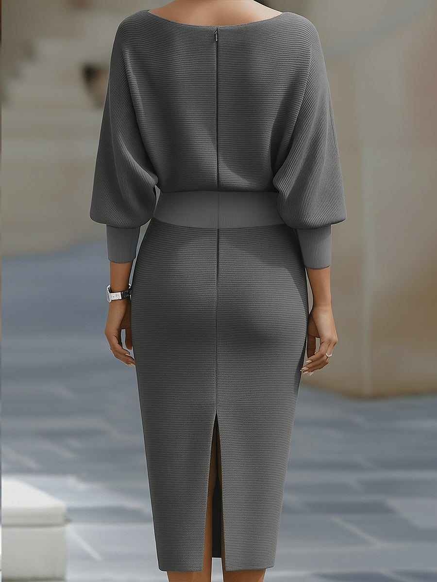 Elegant White Midi Dress | Draped Cowl Neckline & Batwing Sleeves | Sophisticated Formal Wear for Wedding Guests and Cocktail Events