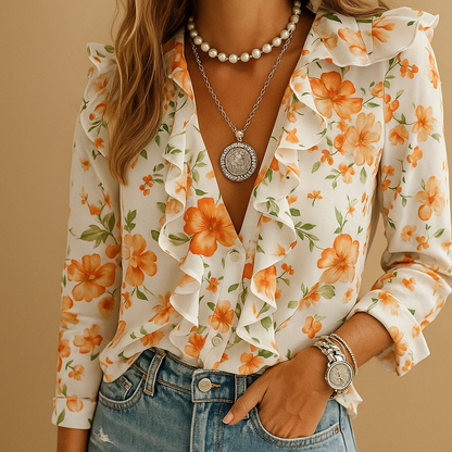 Elegant Women's Blouse with Ruffles & Butterfly Print | Versatile Long Sleeve Top for Any Occasion