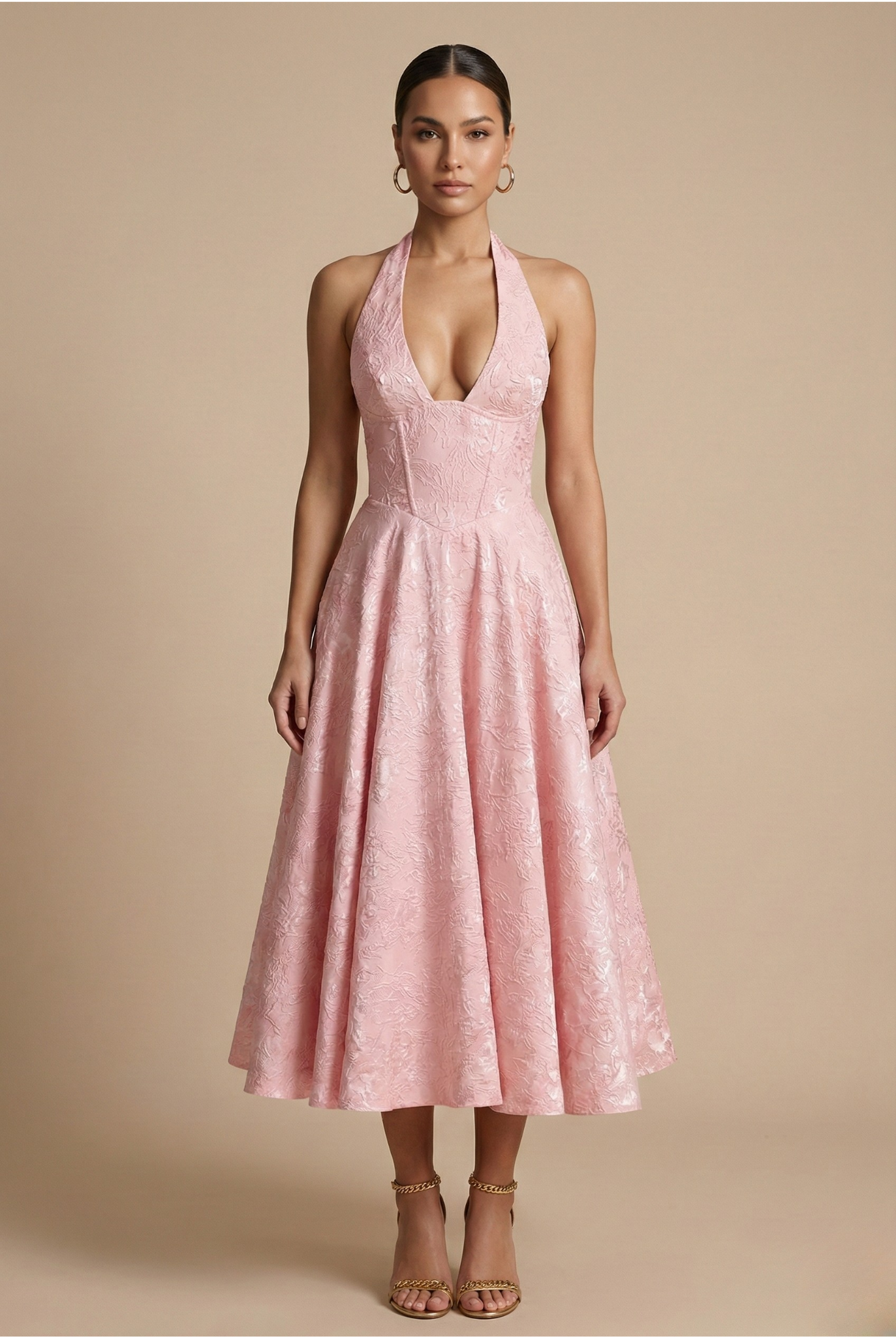 Elegant Women's Cocktail Dress with Halter Neck & Flared Skirt | Perfect for Formal Events