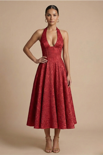 Elegant Women's Cocktail Dress with Halter Neck & Flared Skirt | Perfect for Formal Events