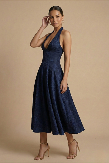 Elegant Women's Cocktail Dress with Halter Neck & Flared Skirt | Perfect for Formal Events