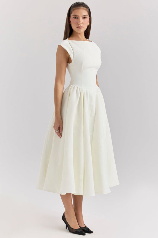 Elegant Women's Dress | Fit-and-Flare Midi Design with Boat Neckline | Perfect for Formal Events