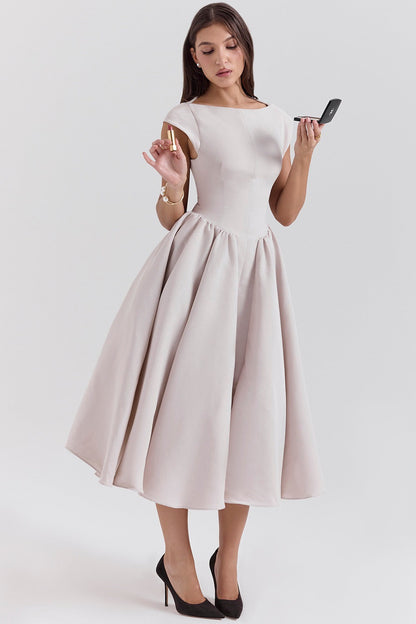 Elegant Women's Dress | Fit-and-Flare Midi Design with Boat Neckline | Perfect for Formal Events