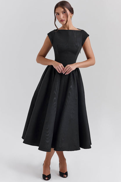 Elegant Women's Dress | Fit-and-Flare Midi Design with Boat Neckline | Perfect for Formal Events