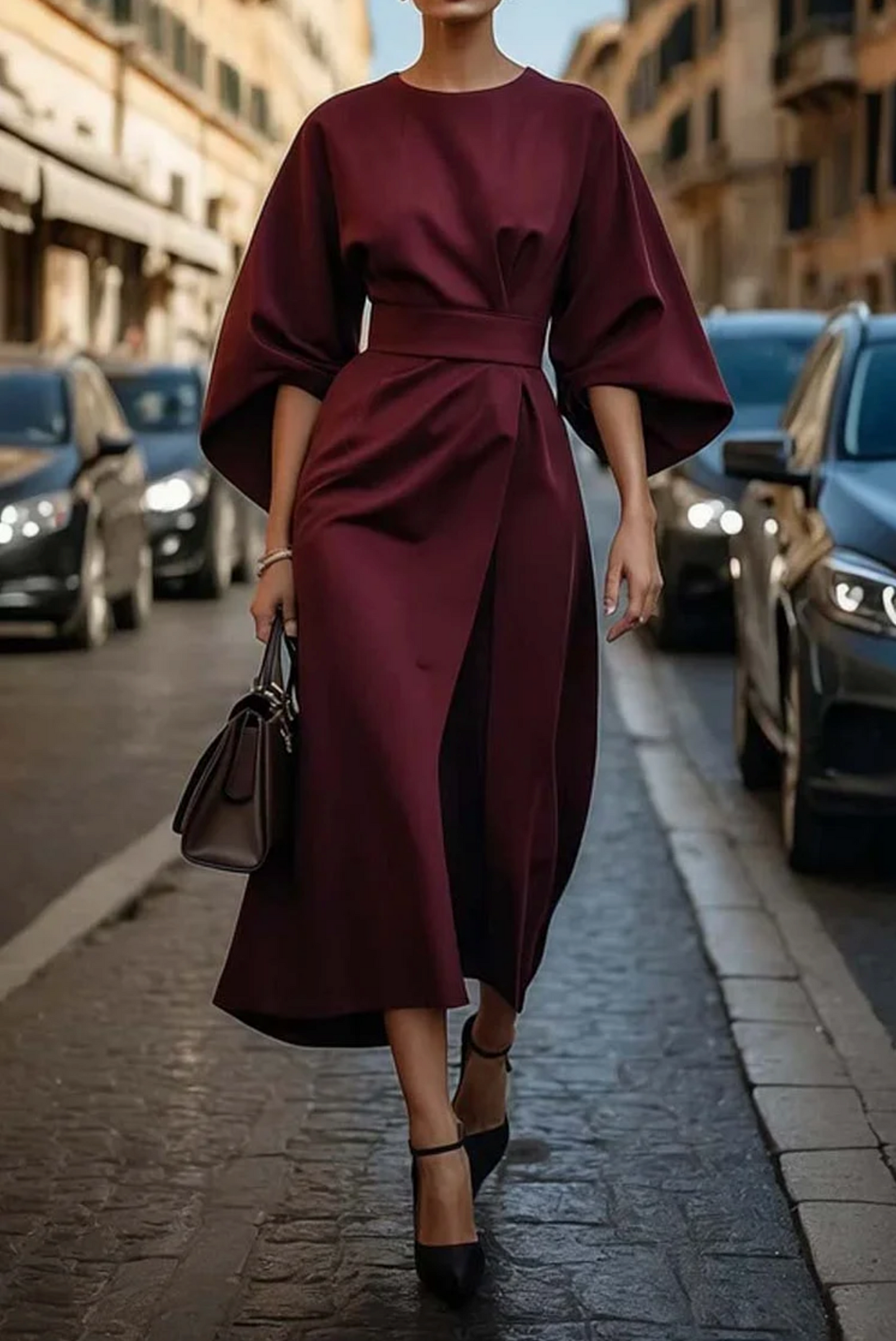 Elegant Women's Dress | Midi Lantern Sleeve Dress with Soft Fabric | Stylish Comfort for Winter Wear