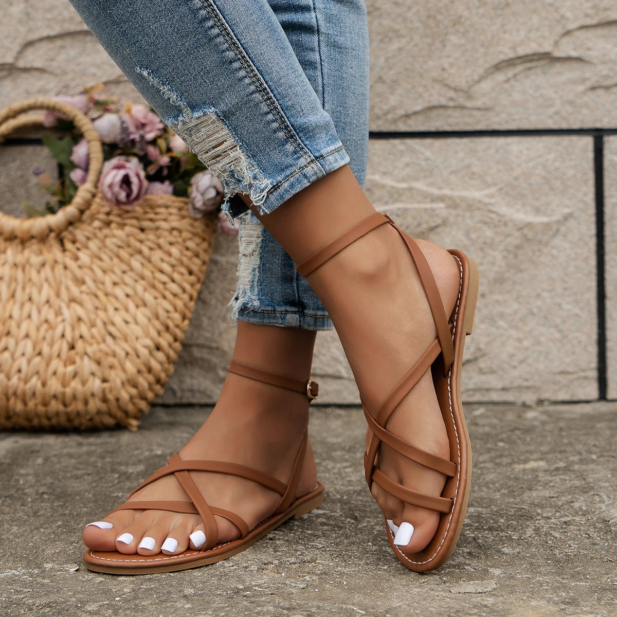 Elegant Women's Sandals | Ankle Strap Flat Design with Adjustable Buckle | Versatile Summer Footwear for Comfort and Style
