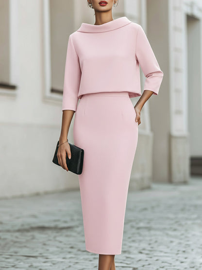 Elegant Women's Skirt Set with Boat Neck Top & Midi Skirt for Timeless Style