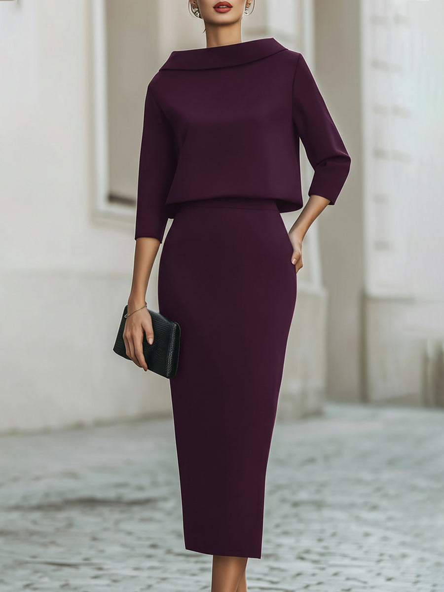 Elegant Women's Skirt Set with Boat Neck Top & Midi Skirt for Timeless Style