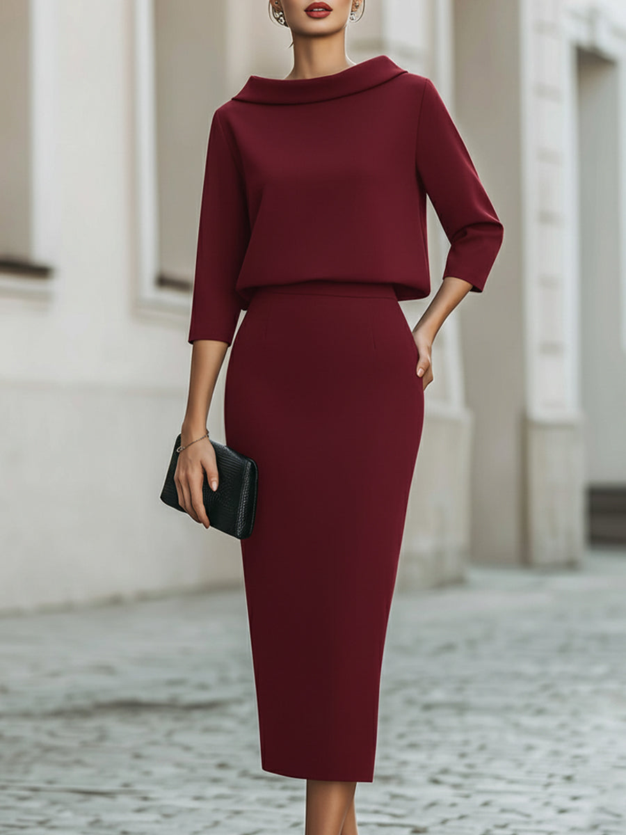 Elegant Women's Skirt Set with Boat Neck Top & Midi Skirt for Timeless Style