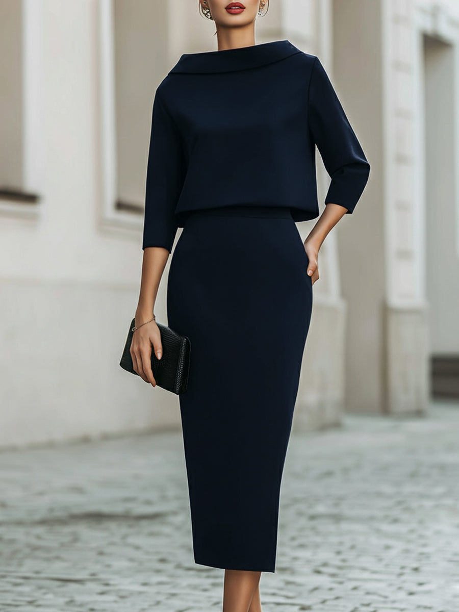 Elegant Women's Skirt Set with Boat Neck Top & Midi Skirt for Timeless Style